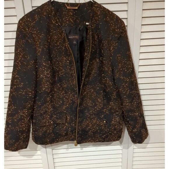 VTG‎ Dana Buchman Women's Jacket Blazer L Brown Black Speck Full Zip Gold Pull - Picture 9 of 13